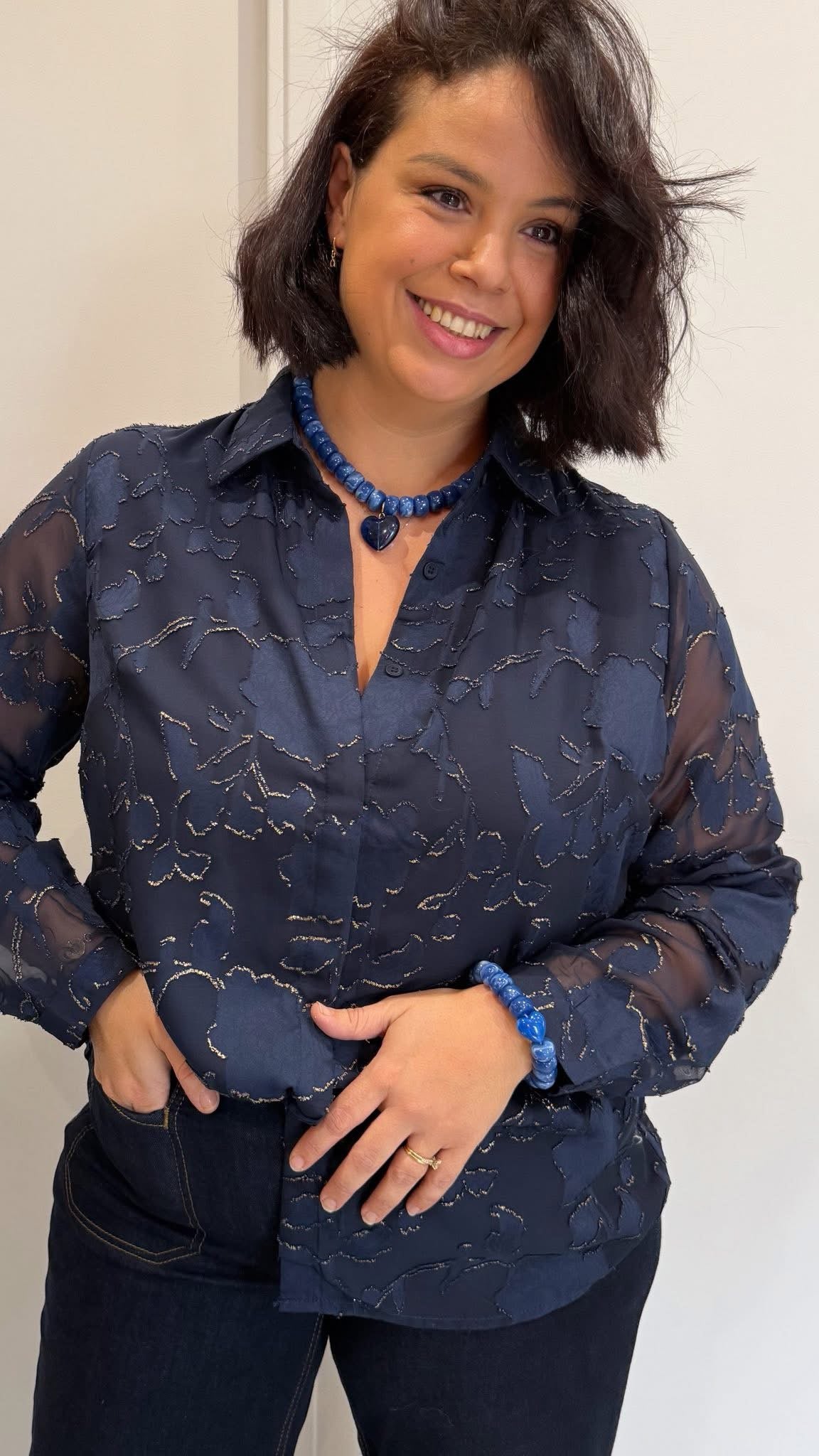 CHEMISE BIANCA DENTELLE MARINE